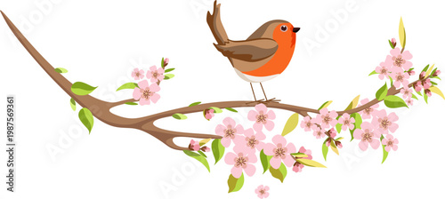 Whimsical flat vector set featuring a friendly bird on a blossoming tree branch. Perfect for nursery wall art, kids' apparel prints, and eco-friendly product packaging.