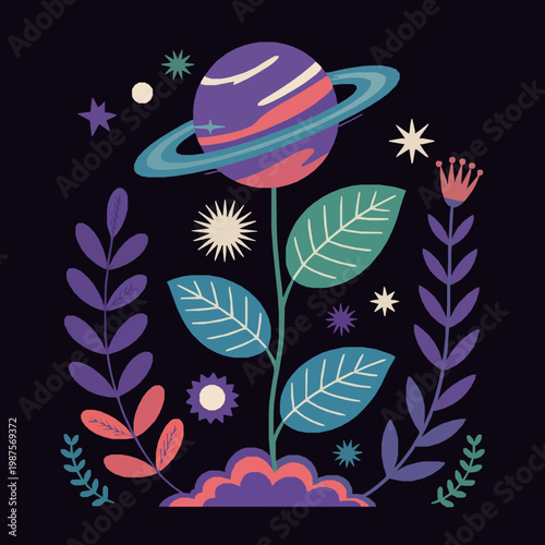 Surreal celestial garden with planet saturn flower and starry night elements