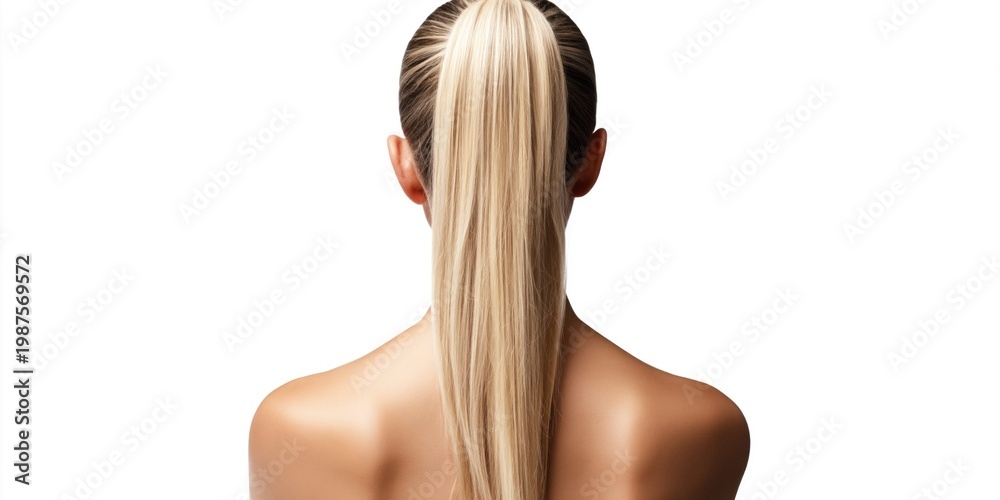 Naklejka premium Back view of a woman with blonde hair in a high ponytail against a white background