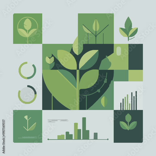 Eco friendly infographic layout with plant graphics and data visualization bars