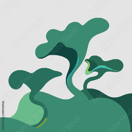 Abstract organic green shapes representing fluid botanical forms and growth