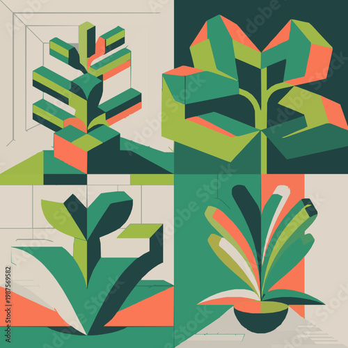 Abstract geometric plants in various shapes and colors on light background