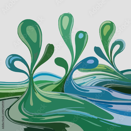 Abstract green and blue water splashes and waves on light gray background