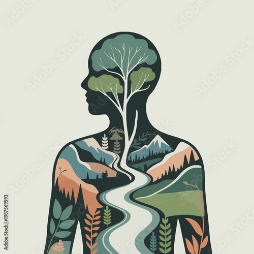Human silhouette filled with natural landscape and tree elements inside