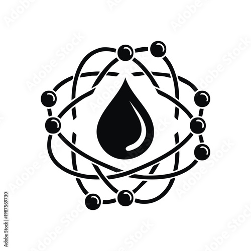 A black silhouette icon depicting a water drop surrounded by an atomic structure with orbiting spheres, symbolizing chemistry or molecular science.