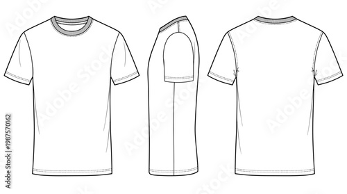 Basic Crew Neck T-Shirt Fashion Technical Drawing Blueprint, Essential Apparel Multi-View Line Art Vector