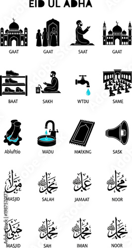 Eid Ul Adha vector illustration set featuring black flat icons depicting Muslim religious symbols such as mosques, prayer rugs, washing rituals, calligraphic text, and worshippers in congregation, cre
