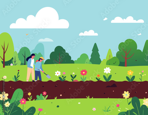 Personas cuidando el jardín y plantando flores en un entorno natural.
