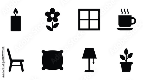 a collection of icons representing home and office objects in black silhouette on a white background, useful for design and decoration concepts