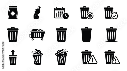 A collection of black icons depicting various trash cans and waste management symbols, suitable for use in design projects related to recycling, ecology, and environmental conservation.