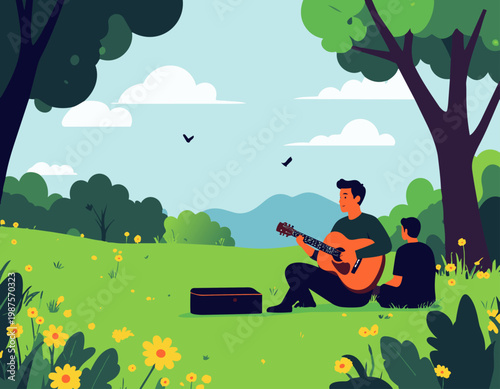  Persona tocando guitarra en campo verde en estilo plano, ilustración vectorial.
