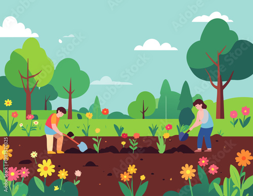  Personas cuidando jardín y plantando flores en estilo plano, ilustración vectorial.
