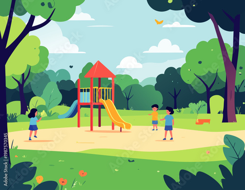  Niños disfrutando en área de juegos con árboles en estilo plano, ilustración vectorial.
