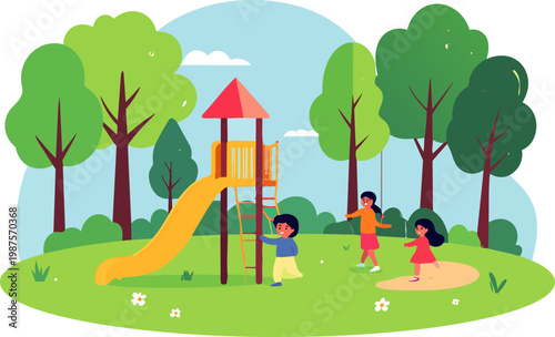  Niños jugando en parque con tobogán en estilo plano, ilustración vectorial alegre.
