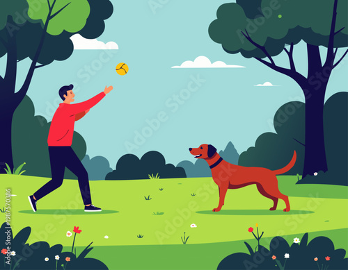 Hombre jugando con su perro en un parque verde al aire libre.
