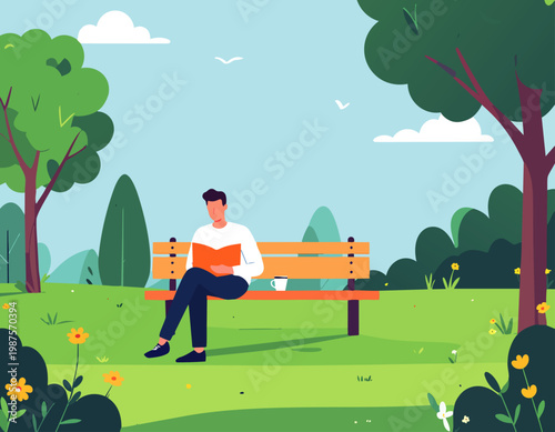  Hombre sentado en un banco leyendo un libro en un parque tranquilo.
