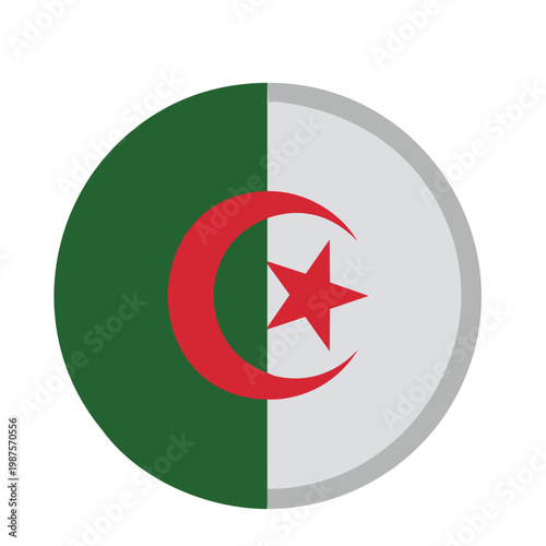Circular flag icon of Algeria, featuring a vertical split of green and white with a red crescent moon and star in the center.