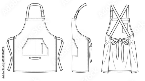 Bib Apron Uniform Technical Drawing Blueprint, Workwear Multi-View Line Art Vector