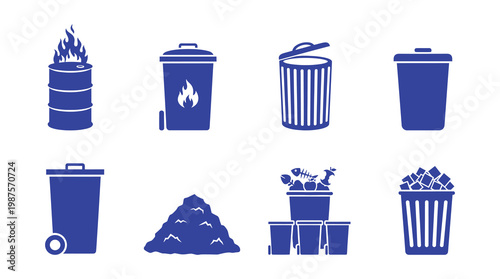a collection of blue icons depicting different types of trash cans and waste, including recycling and garbage, on a white background, useful for business, educational, or environmental concepts