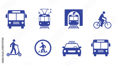 a collection of blue icons depicting different modes of transportation, including buses, trains, bicycles, scooters, and cars, on a clean white background, useful for design and informational purposes
