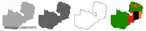 Zambia country map vector set with dotted pattern solid silhouette outline and national flag illustration