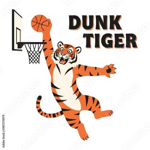Cartoon tiger dunking basketball with text basketball hoop