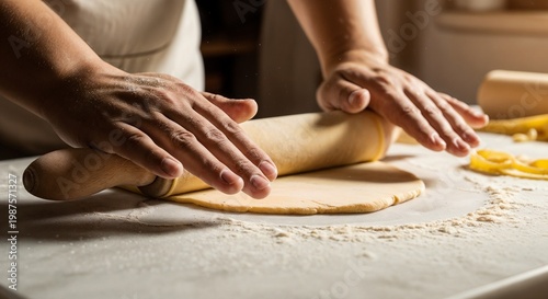 Close up view of hands rolling fresh pasta dough on floury surface