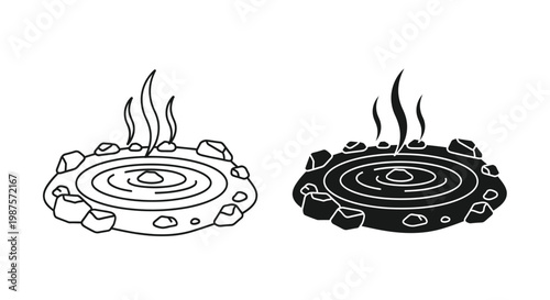 Two black and white illustrations of a hot spring with rocks