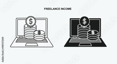 Freelance income concept stacks of coins on laptop screens illustrated