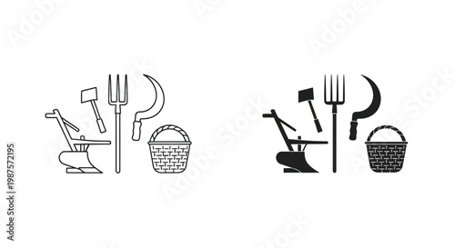 Black and white icons depicting various gardening and farming tools