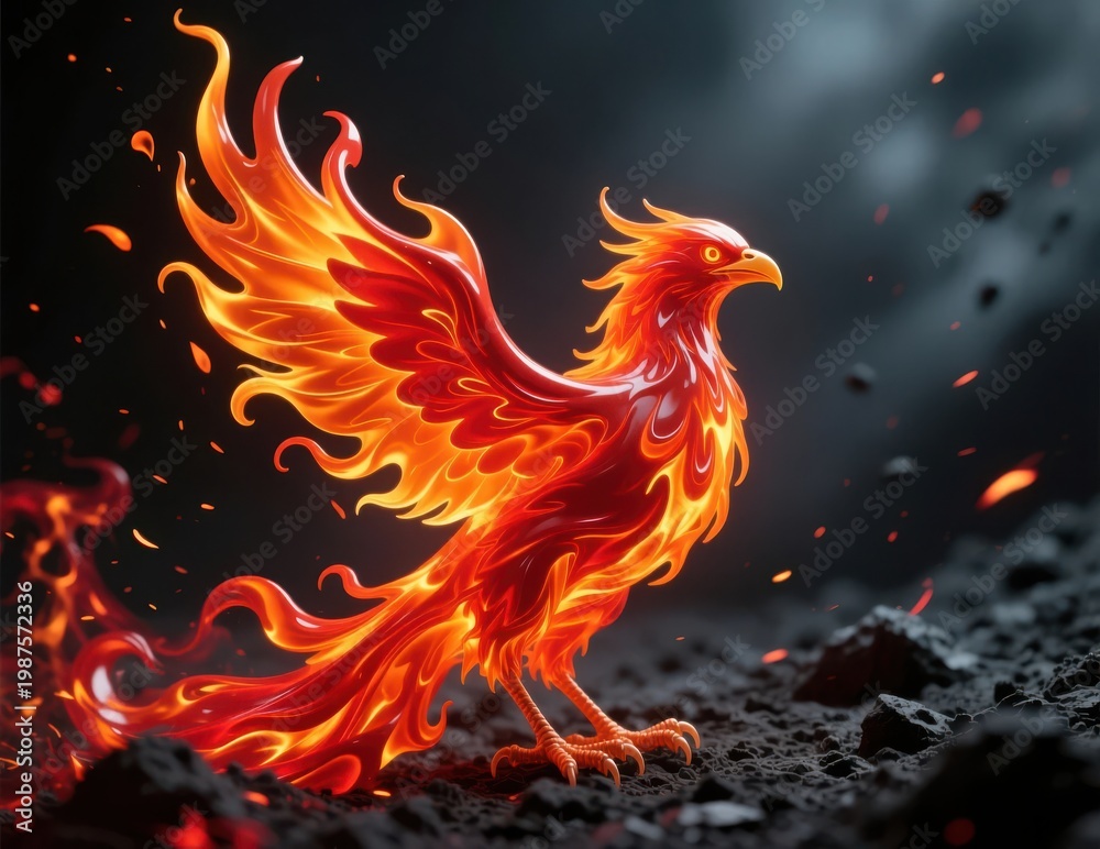 Fototapeta premium Phoenix Rising, Fiery Phoenix Rising from Ashes in Dramatic Backdrop