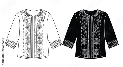 Two embroidered tunic tops one light and one dark displayed side by side