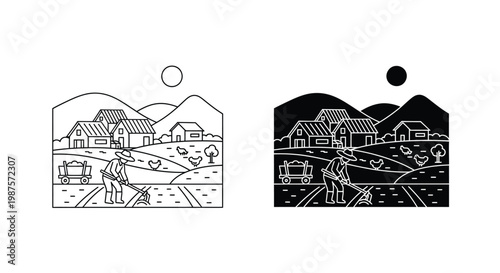 A rural landscape depicting a farmer working with chickens and a cart