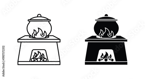 Two black and white illustrations of cauldrons over a fireplace