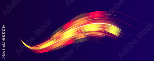 Neon orange and purple streaks swirl above fast road motion. Energy beams create dynamic digital vortex flow. Speed night.