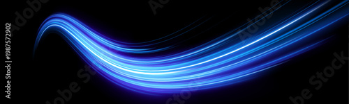 Blue neon highway lights form a powerful motion tunnel. Particle trails stretch into glowing futuristic city space. Cyber speed.