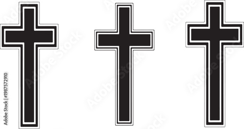 A black cross with a white outline on a white background symbolizing faith and spirituality in a simple design