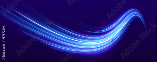 Neon blue highway lights form fast motion trails. City road glows with digital speed energy. Futuristic night drive.