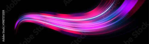Multicolor glowing lines form fast motion tunnel. Sparks create energetic flow in dark space. Cyber drive.