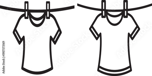 A black line drawing of a short sleeved tshirt hanging on a clothesline with two clothespins isolated on white background