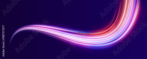 Multicolor light waves form fast expressway motion. Glow trails enhance depth and speed effect. Cyber road.