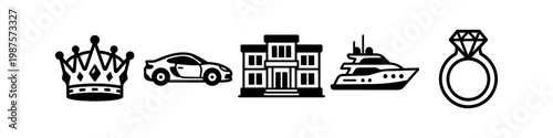 Set of Luxury and Wealth Icons Featuring Crown, Sports Car, Mansion, Yacht, and Diamond Ring - Minimalist Black and White Vector Symbols for High-End Lifestyle and Success