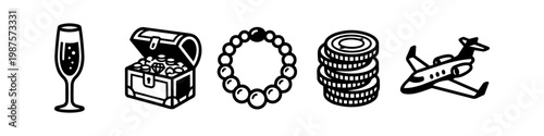 Wealth and Luxury Lifestyle Icon Set Featuring Champagne, Treasure Chest, Pearl Necklace, Stacked Coins, and Private Jet - Minimalist Black and White Line Art