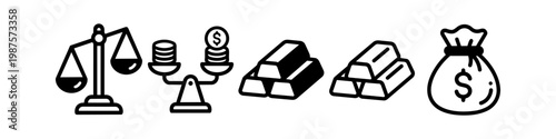 Financial Wealth and Investment Icon Set Featuring Gold Bars Money Bag Scales of Justice and Stacked Coins for Banking and Economic Concepts