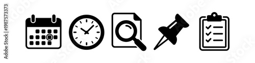Set of Minimalist Business Productivity Icons Including Calendar, Clock, Magnifying Glass Search, Pushpin, and Clipboard Checklist for Project Planning and Time Management