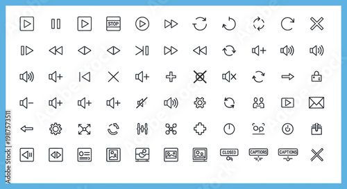 Collection of simple line art icons for media playback and interface functions.
