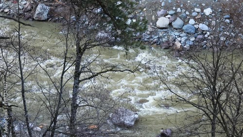 Mountain river on a cloudy day.