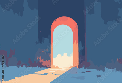 stylized single, architectural archway casting long, sharp geometric shadow Minimalist concrete textures deep blues Dramatic powerful No text, vast blank sky