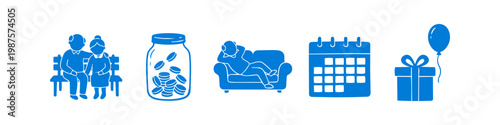 Blue flat icon set for retirement and senior lifestyle featuring an elderly couple, money savings jar, relaxing man on a sofa, calendar, and a celebration gift box with a balloon.