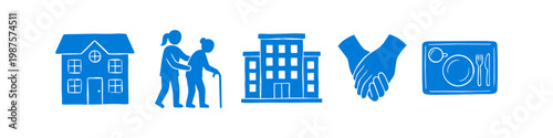 Blue hand-drawn icons representing elderly care, nursing homes, and home health services. Features a house, caregiver, medical facility, holding hands, and a meal tray.